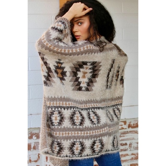 ANGIE Mocha & Taupe Soft Knit Fringed Ruana Sweater Wrap - Picture 4 of 8